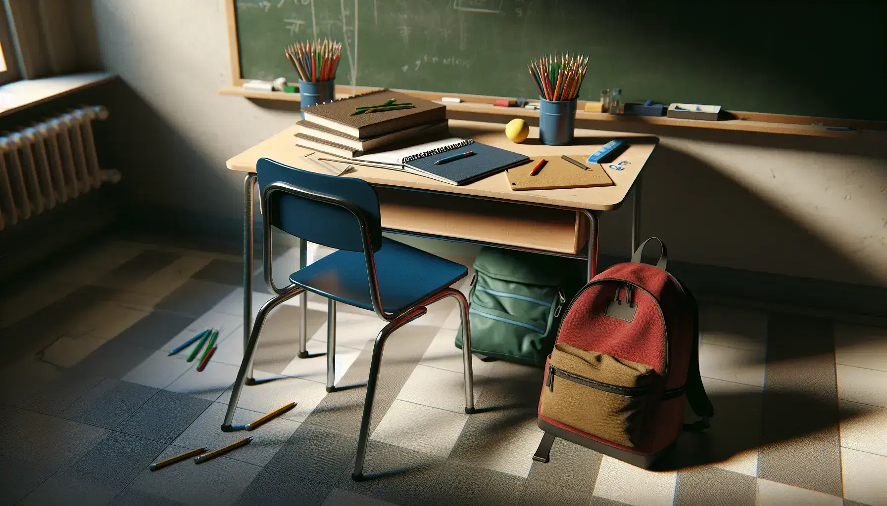 Scrivania scolastica in legno con astuccio, quaderno, libro e gomma, zaino rosso su sedia blu e pallina anti-stress gialla sul pavimento a scacchi.