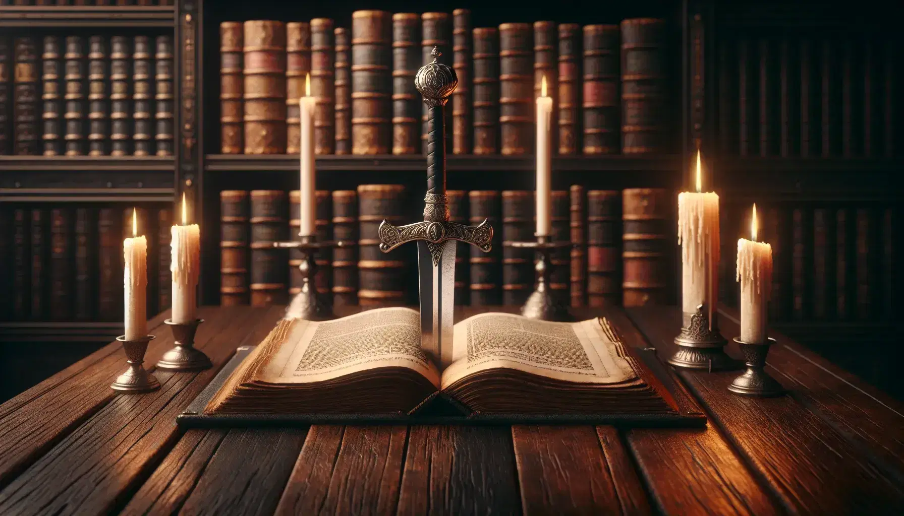 Libro antico aperto su tavolo in legno scuro con candele accese e spada medievale sospesa, in una biblioteca d'epoca.