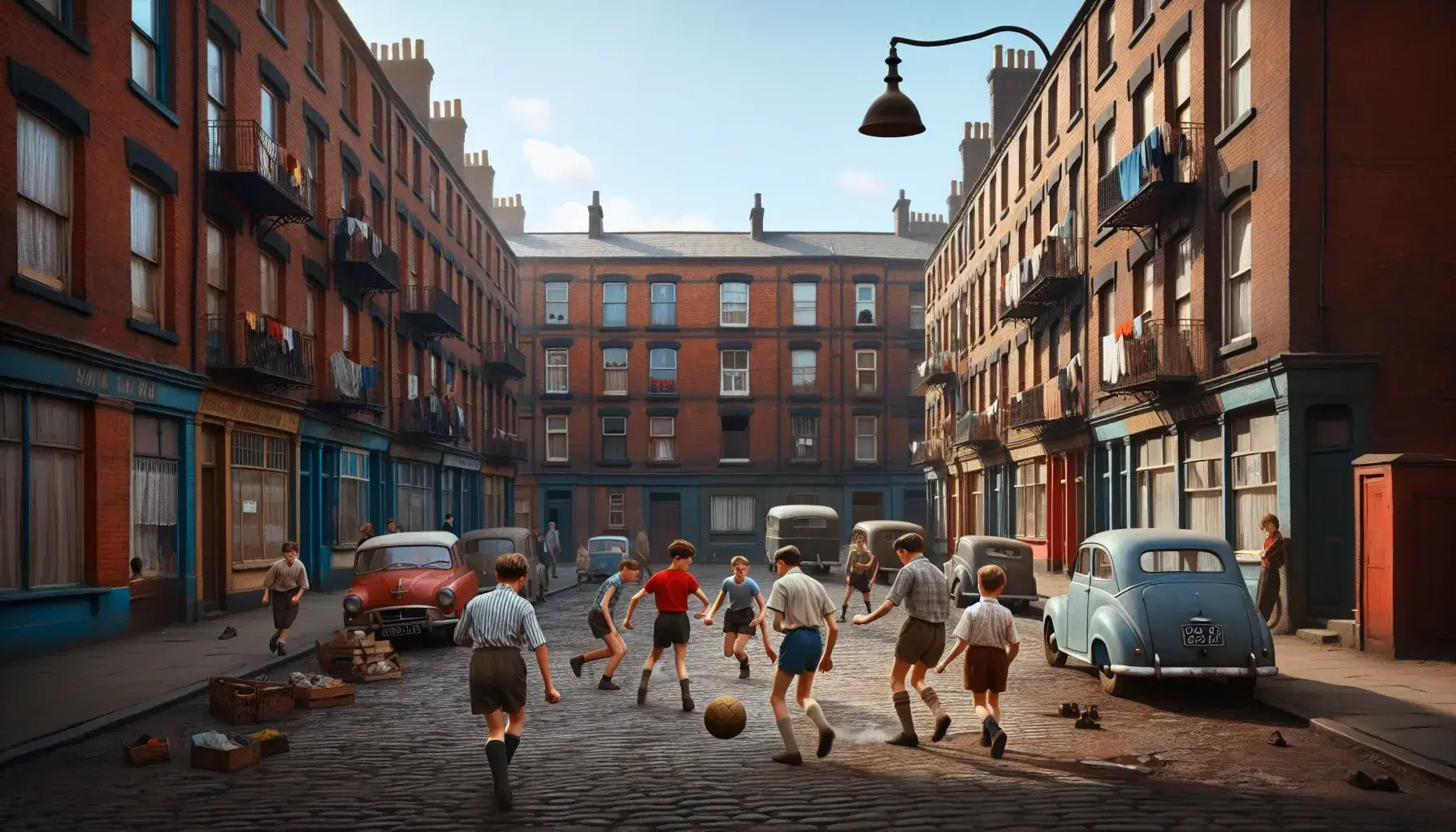 Niños jugando al fútbol en una calle empedrada de barrio residencial con edificios de ladrillo rojo y un cielo azul despejado.