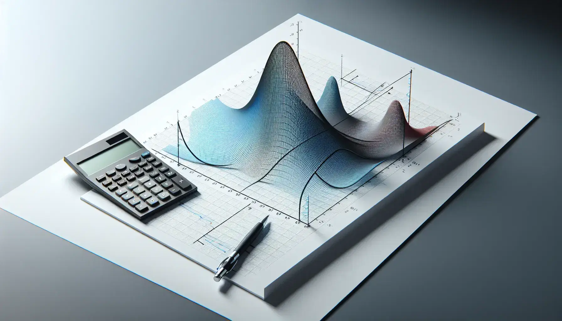 Gráficos de líneas 3D con curvas ascendentes en azul y rojo sobre ejes cartesianos, junto a calculadora científica apagada y lápiz mecánico sobre papel en blanco.