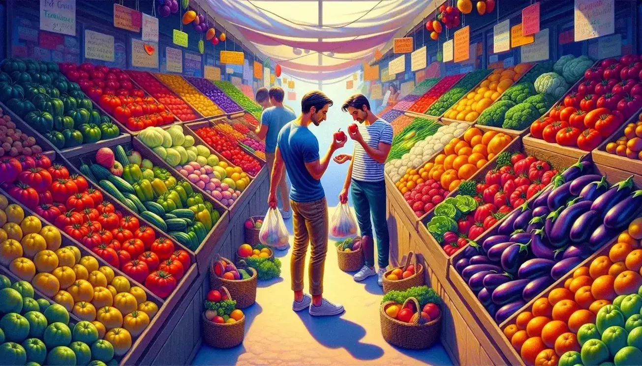 Mercato vivace con banco frutta e verdura colorato, cliente esamina mela rossa, altro confronta arance, sfondo con banchi sfocati.