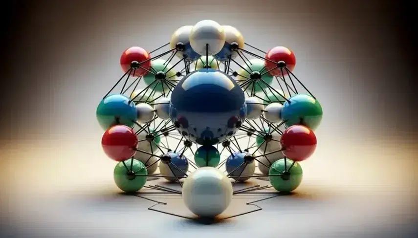 Struttura tridimensionale con sfere colorate interconnesse da bastoncini neri, con sfera blu centrale e sfere bianche disposte a piramide.