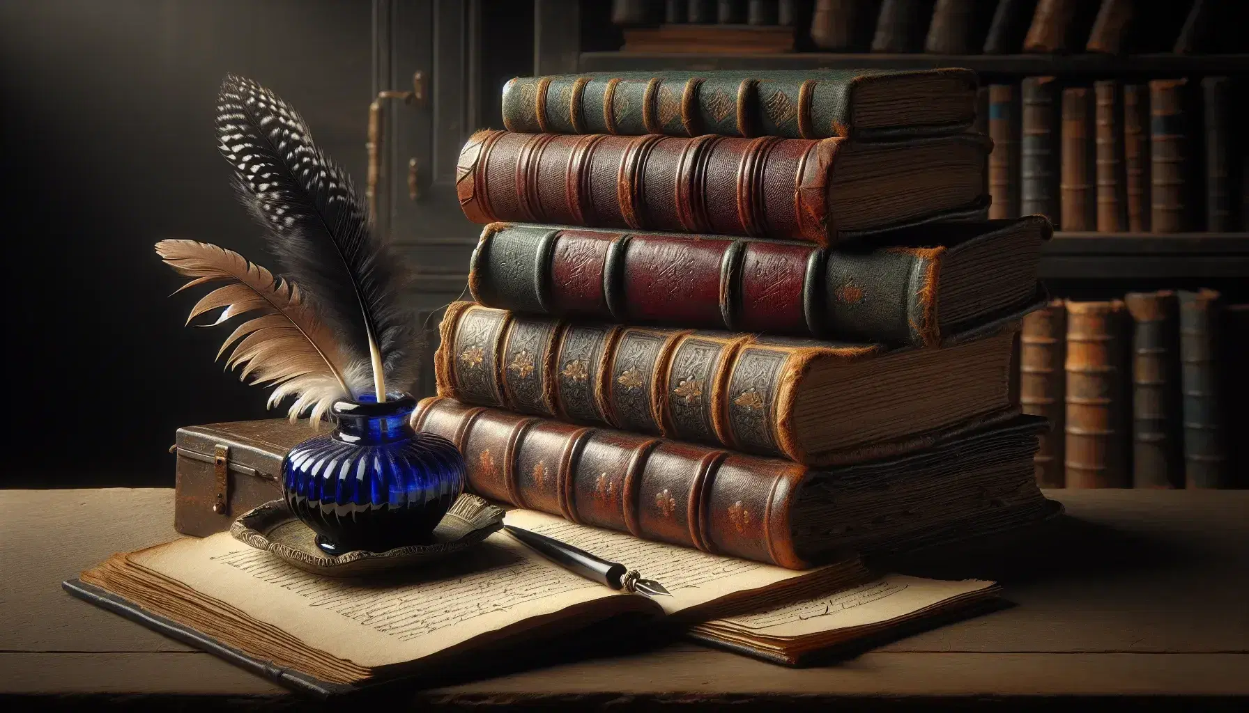 Libri antichi impilati con copertine in cuoio, pagine ingiallite e calamaio ceramico blu con penna d'oca accanto su sfondo sfocato legnoso.