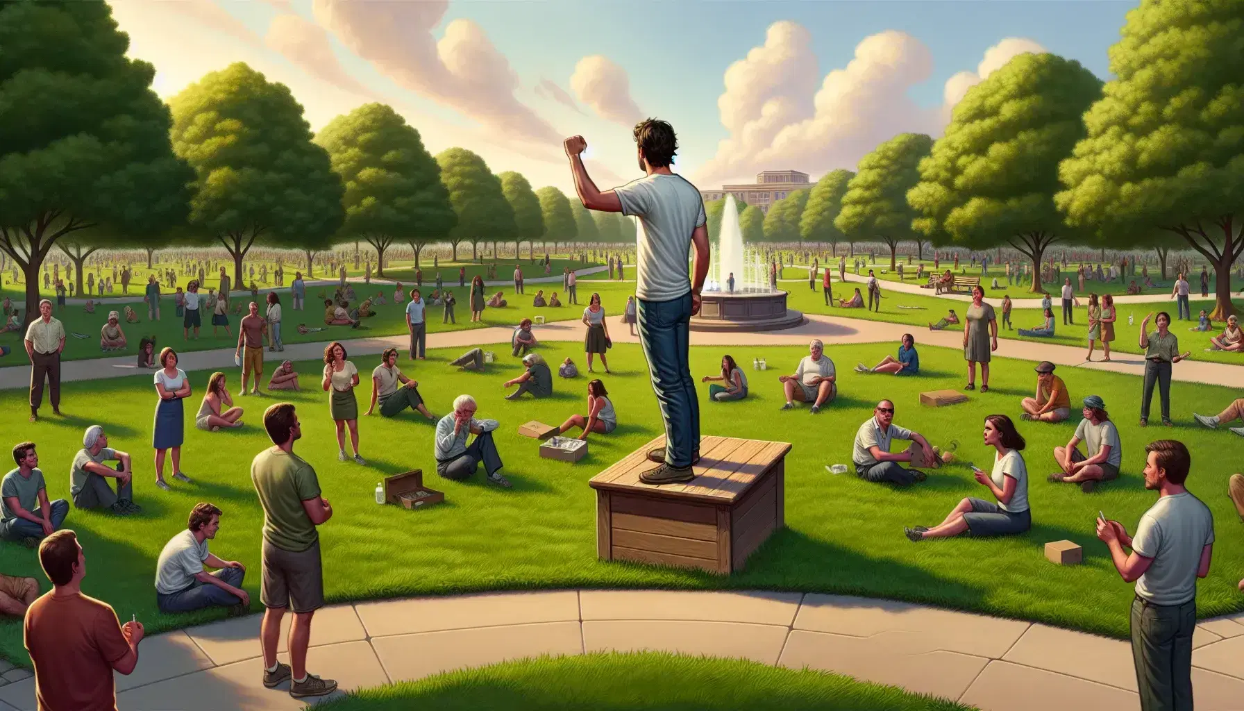 Public park scene with individuals engaged in activities, person with raised fist on grassy mound, group by soapbox, and a person meditating with a candle.