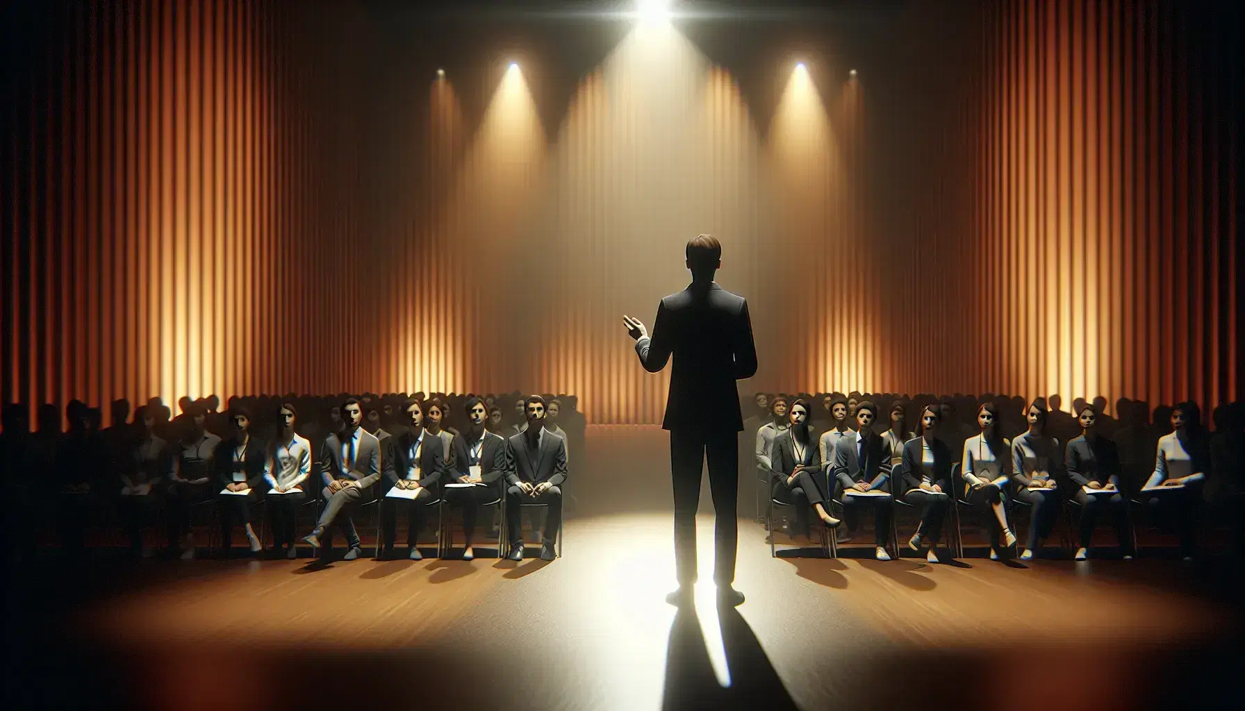 Escenario iluminado con persona en traje oscuro dando una charla y audiencia atenta sentada en primer plano, sin elementos distractores.