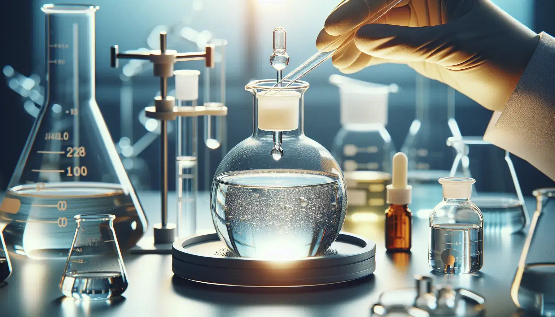 Laboratory with round bottom flask on magnetic stirrer, drop funnel and pipette in gloved hand, blurred glassware in background.