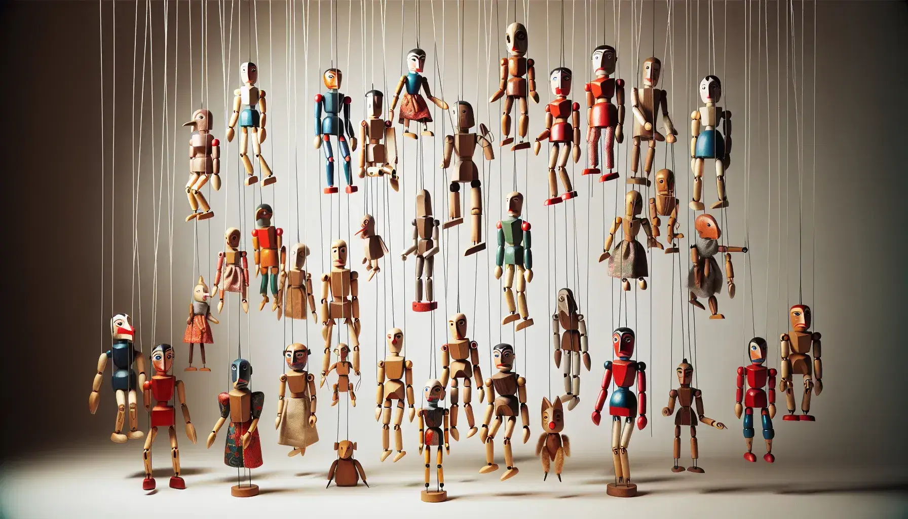 Marionette di legno colorate sospese con fili trasparenti su sfondo neutro, rappresentanti figure umane e animali stilizzati.