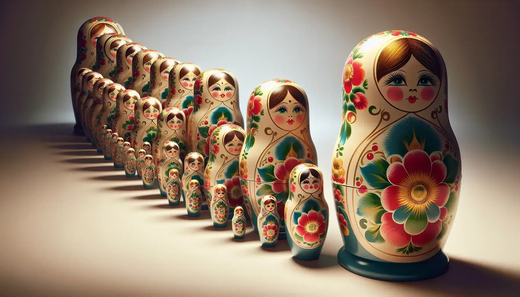 Series of colored Russian matryoshka dolls in descending order, with floral motifs and bright reflections on a cream and light blue gradient background.