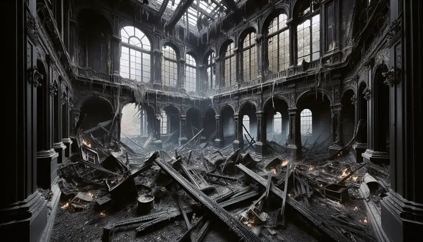 Burnt interior of a grand building with collapsed metal beams, scorched walls, and a large arched window frame overlooking a gray sky.