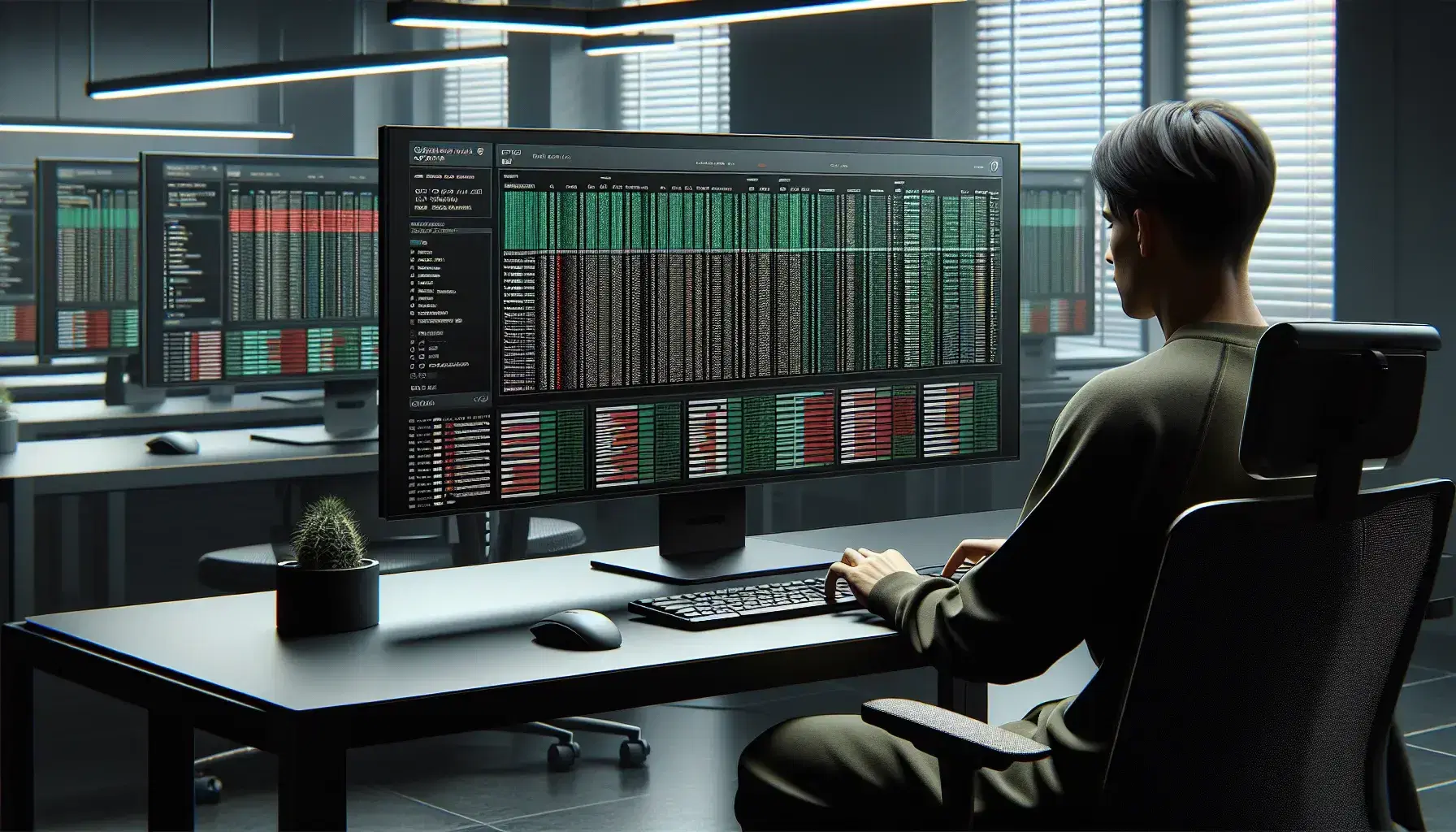 Modern computer lab with black desktop computer, monitor with bar graphs, keyboard and mouse on desk, person at work.