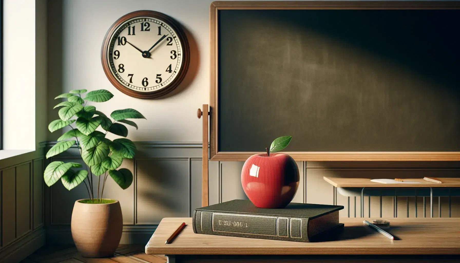 Classic classroom setup with a clean blackboard on a wooden easel, a desk with a closed textbook, a glossy red apple, and a clock with overlapped hands.