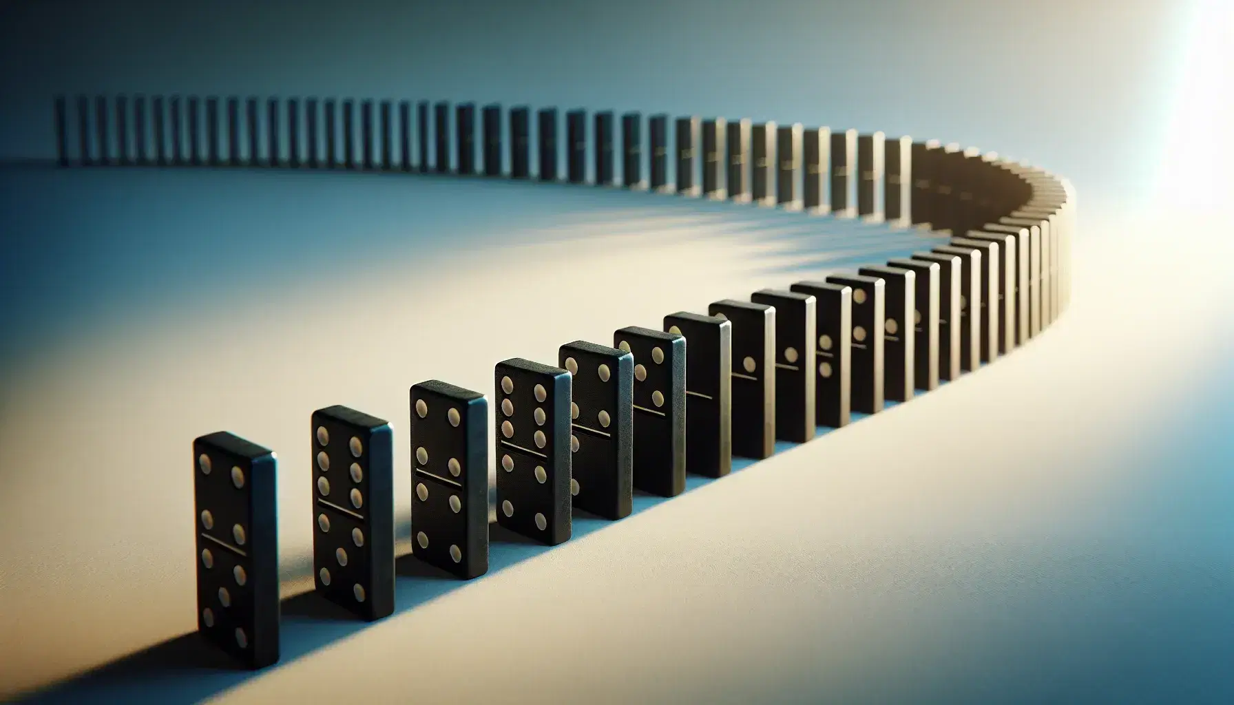 Row of upright black dominos curving across a soft blue to white gradient background, with even spacing and subtle shadows.