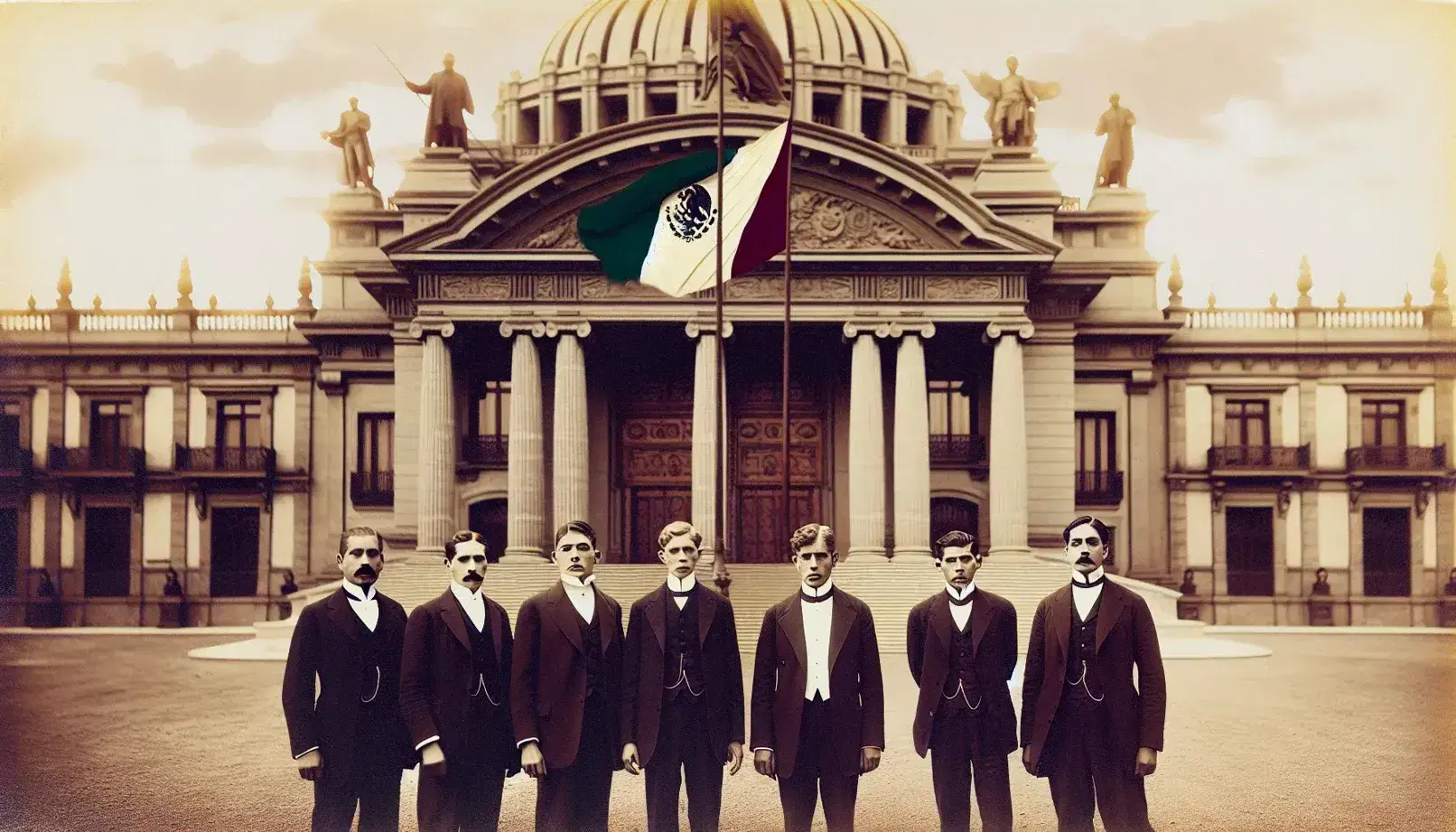 Grupo de cinco hombres con trajes de los años 20 frente a edificio neoclásico y bandera de México sin escudo ondeando en un día soleado.