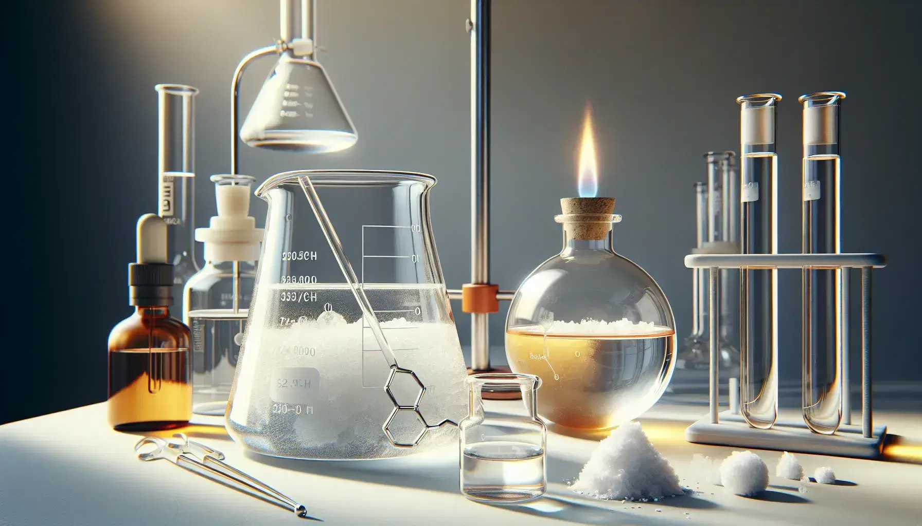 Laboratory with glass beaker and clear liquid, stirring rod, white solid substance, flask with yellow liquid and lit Bunsen burner.