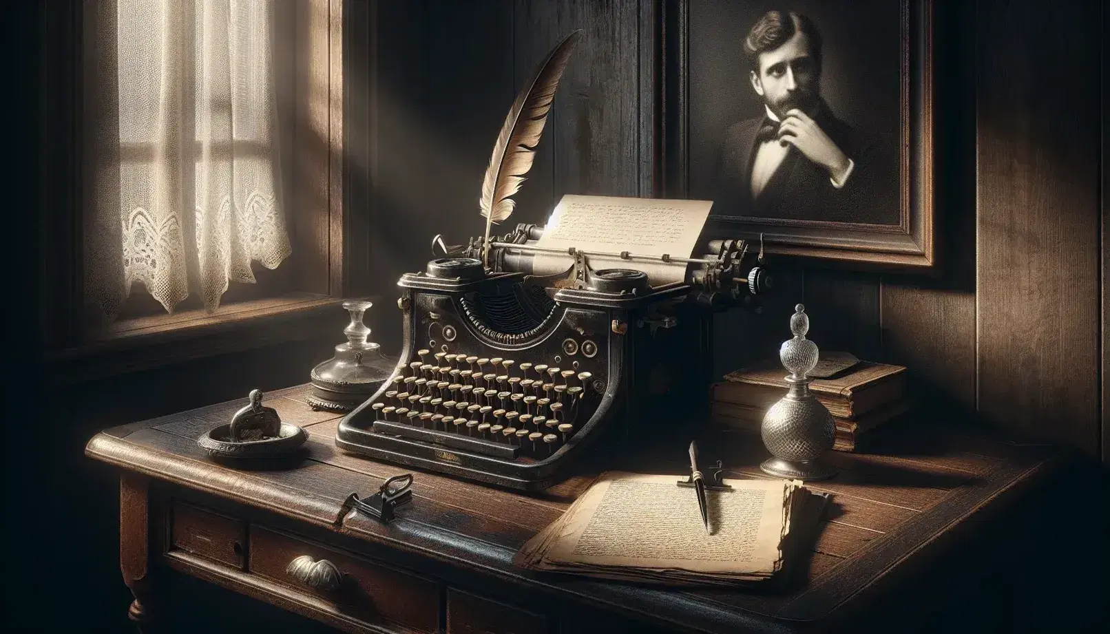 Scrivania vintage in legno scuro con macchina da scrivere antica, calamaio, piuma e ritratto in bianco e nero in una stanza d'epoca.