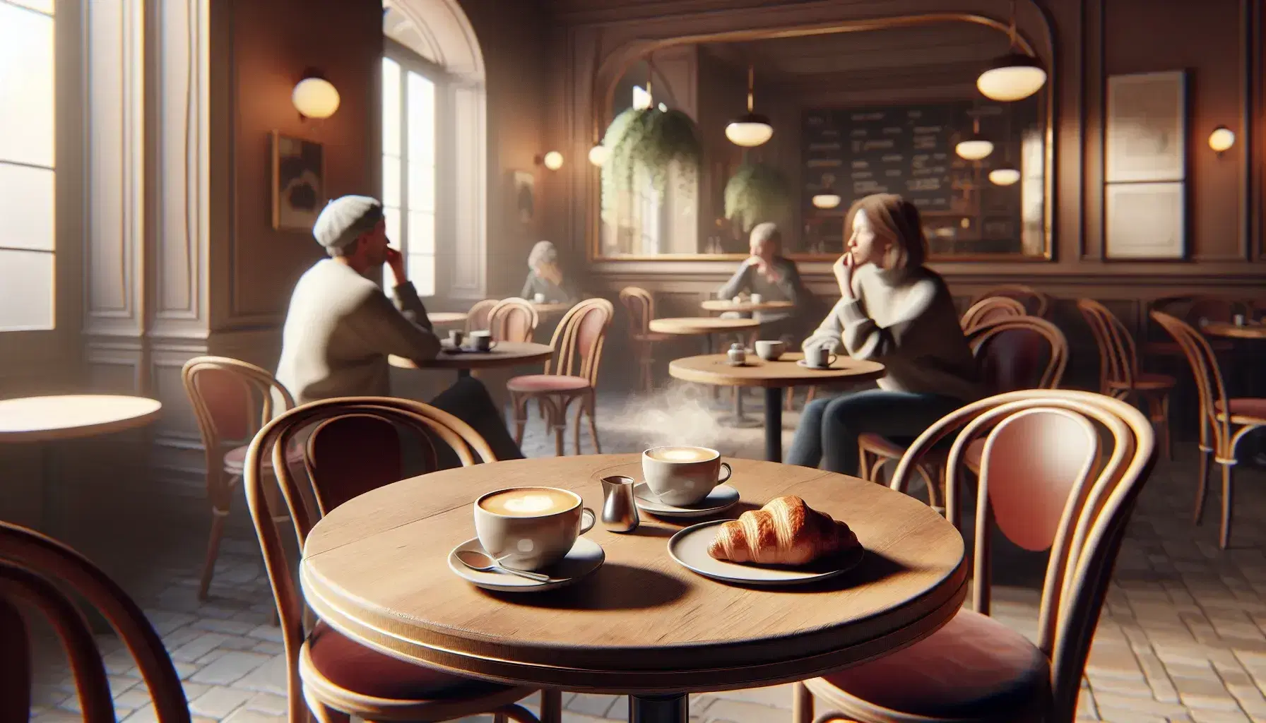 Cozy French café scene with a polished table, two cups of coffee, a half-eaten croissant, and two blurred people engaged in conversation.