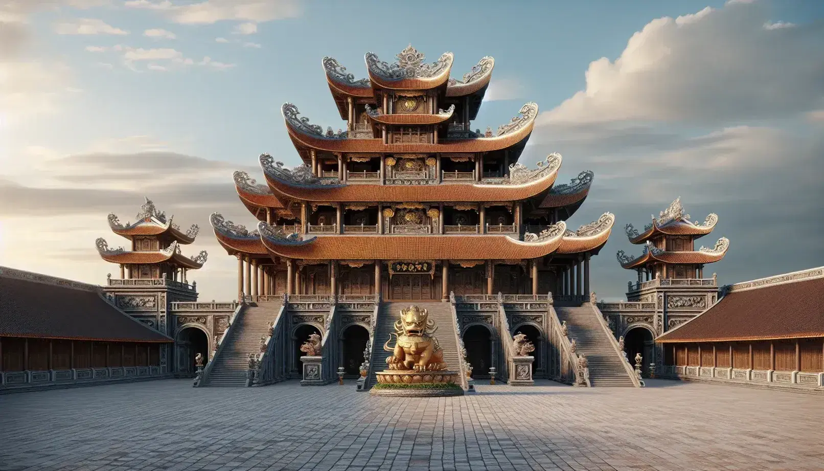 Grand Nguyen Dynasty era Vietnamese imperial palace with cascading terracotta roofs, dragon motifs, and stone mythical creature statues under a blue sky.