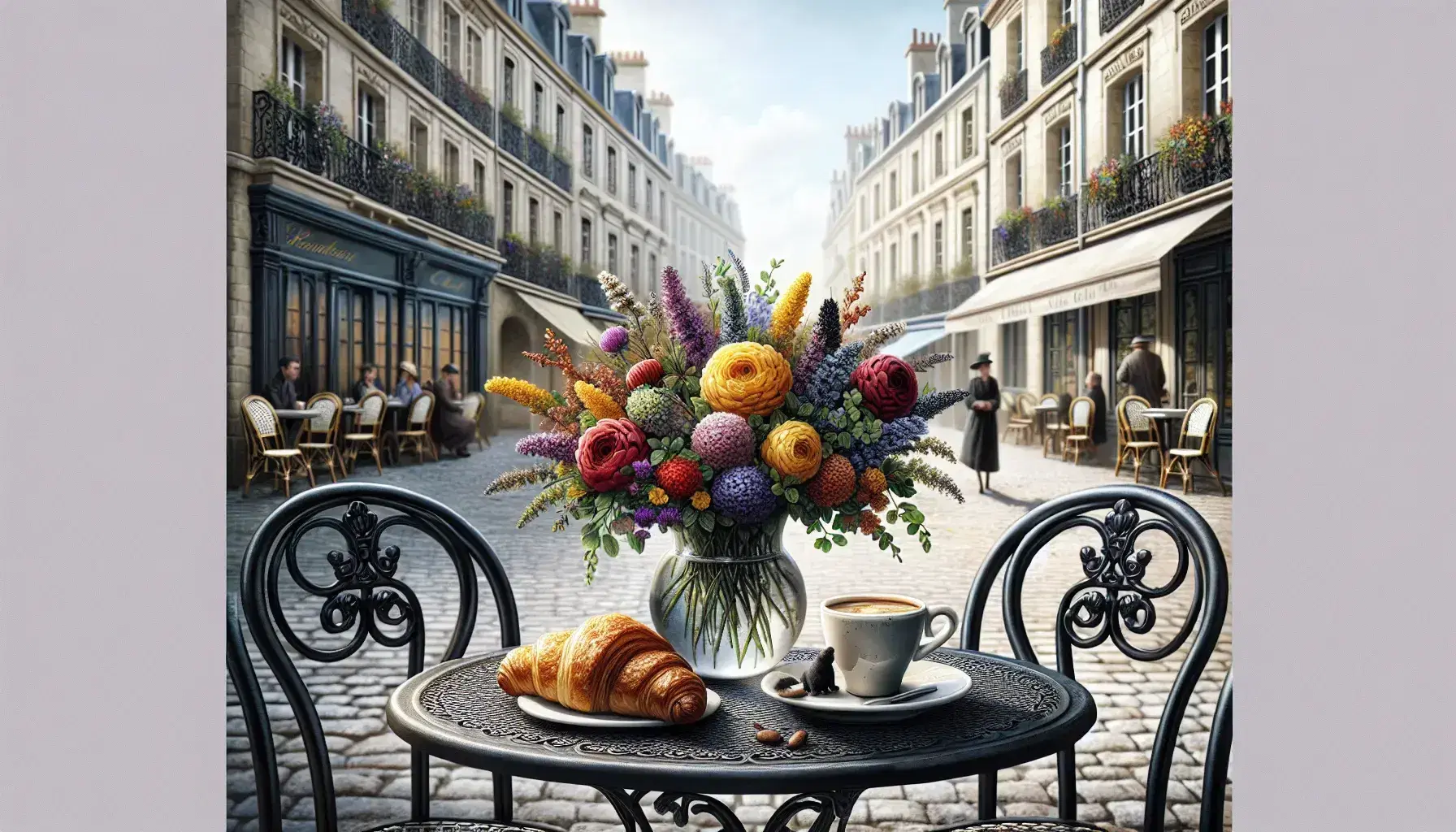 Classic French café scene with a wrought iron table, fresh flowers, a croissant, and coffee, set against a cobblestone street and Parisian architecture.