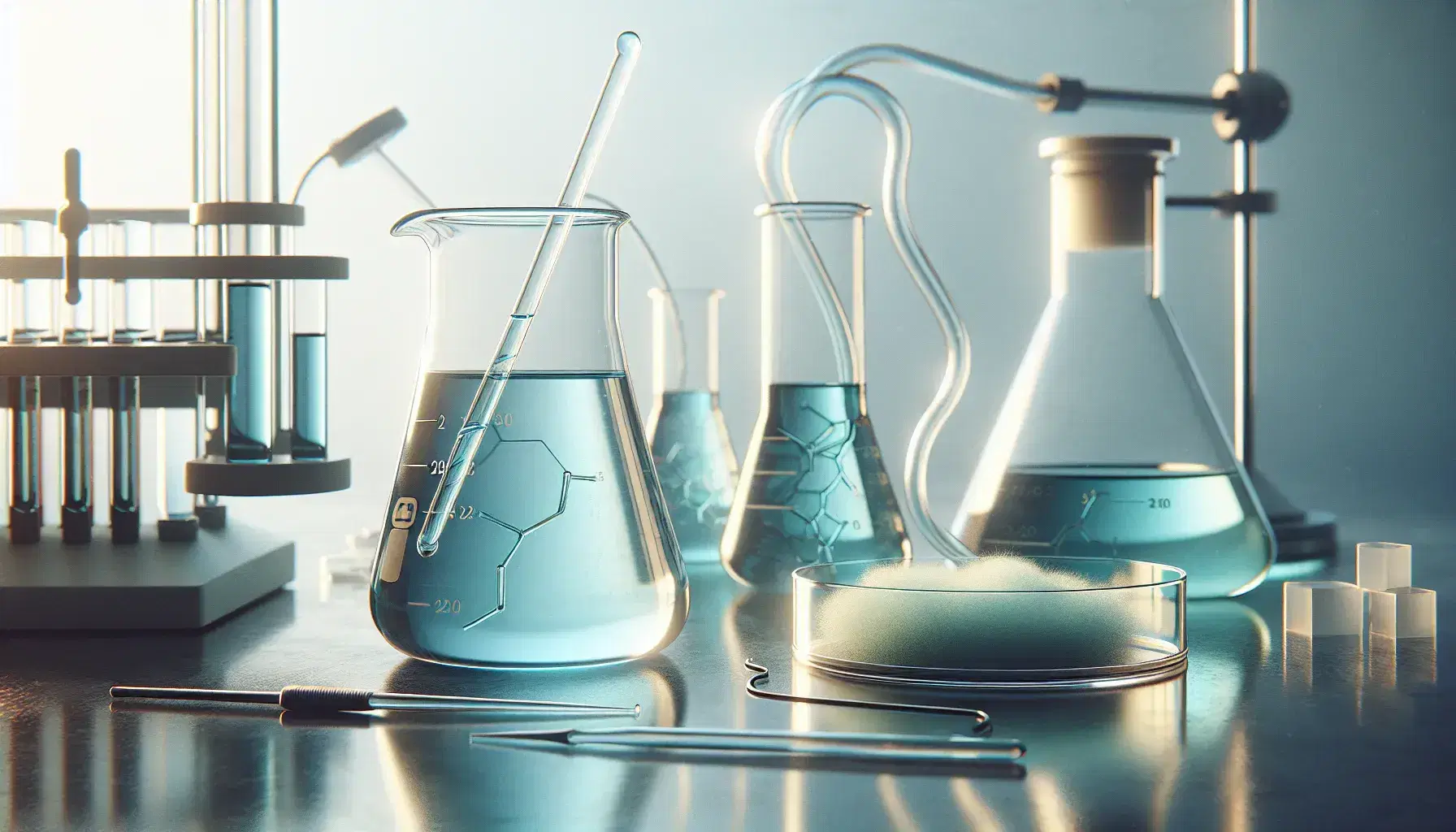 Laboratory with beaker containing transparent blue liquid, glass rod, Petri dishes with white substance, pipette and scattered crystals.