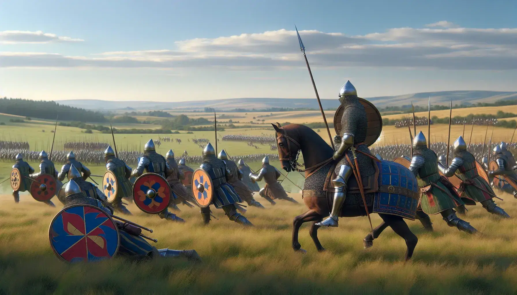Escena de combate medieval en campo abierto con soldados armados, un caballero a caballo con lanza y colinas verdes al fondo bajo cielo azul.
