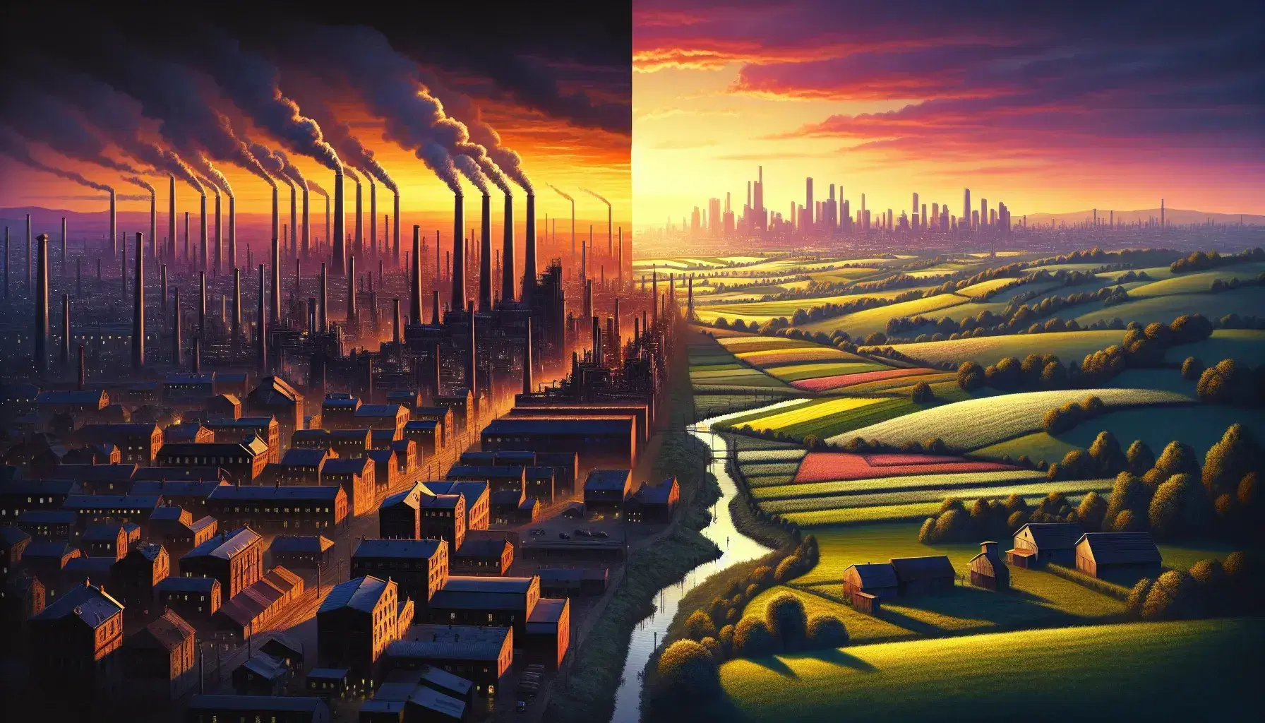 Contrasting landscapes with industrial cityscape, smokestacks at dusk on left, and peaceful, sunlit rolling hills with a stream on the right.