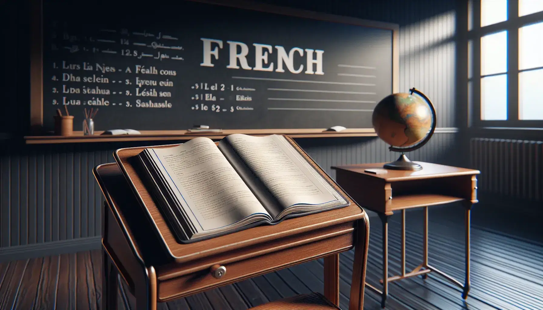 Classroom with teacher's desk, open textbook, clean chalkboard, globe, and rows of empty student desks in a well-lit, traditional French language learning environment.