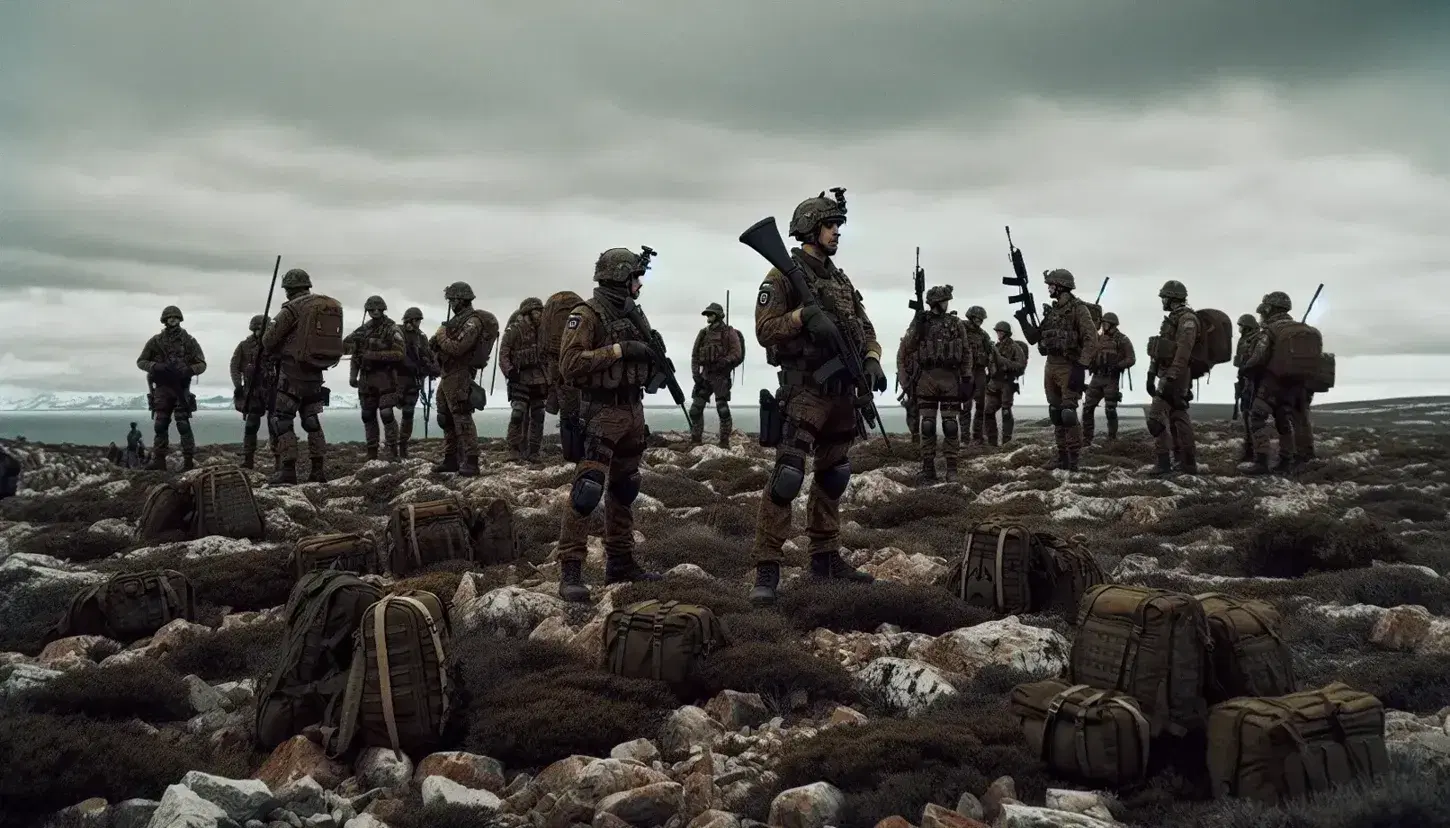 Soldados argentinos en uniforme de combate en terreno rocoso y desolado bajo cielo nublado, reflejando tensión y aislamiento.