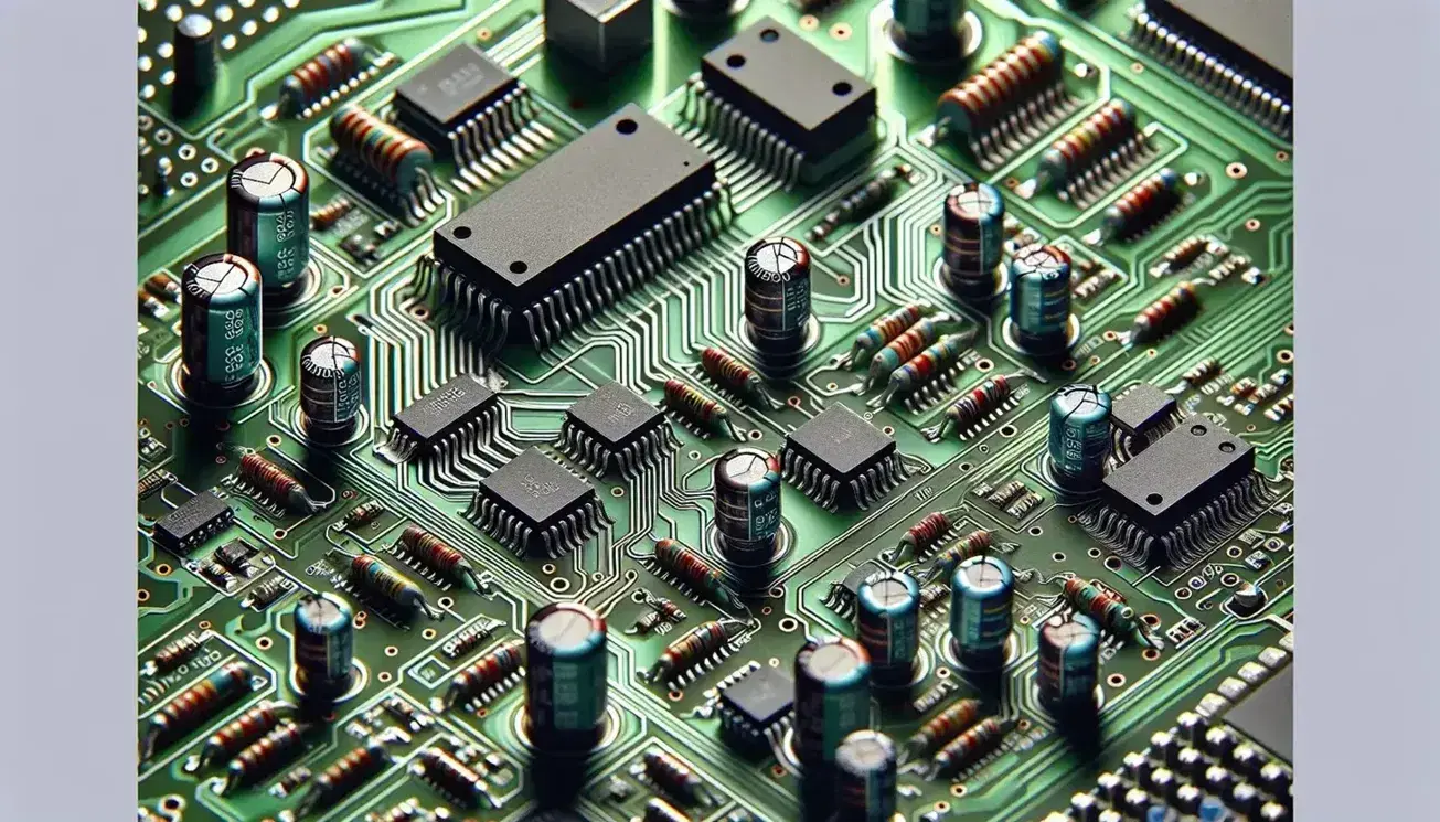 Close-up of a green electronic board with black integrated circuits, metallic capacitors and colored resistors, with no legible symbols.