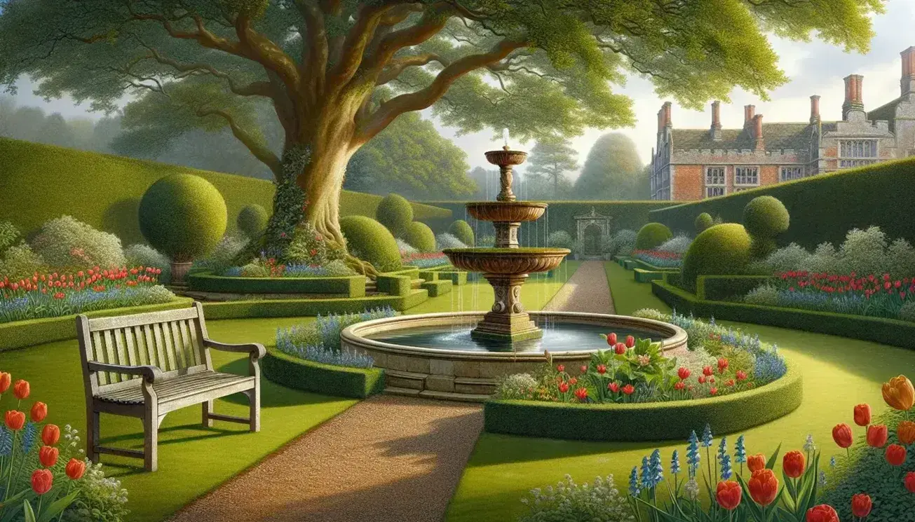 17th-century English garden with a marble fountain, vibrant tulips, bluebells, daffodils, an oak tree, wooden bench, and a manor backdrop.