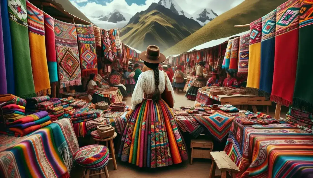 Mercado andino tradicional con mujer en traje típico vendiendo textiles coloridos y artesanías, rodeada de montañas nevadas bajo cielo despejado.