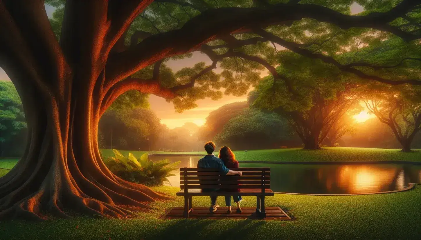 A couple sitting on a wooden bench in a park at sunset, with a large tree, a quiet pond and swimming ducks.
