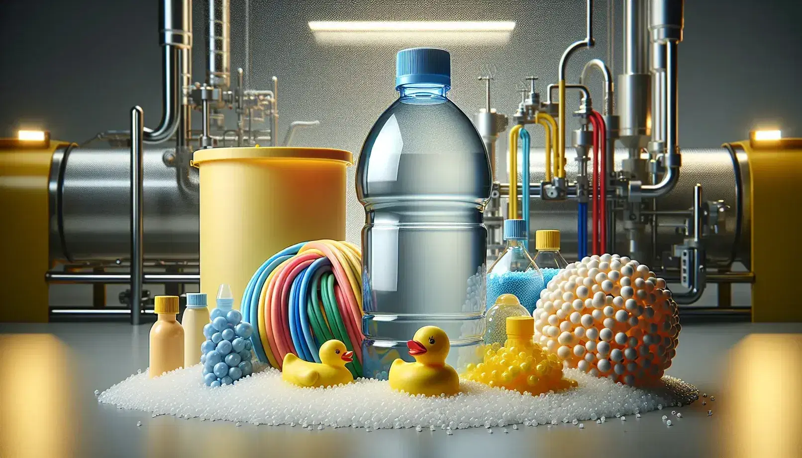 Vari oggetti in plastica su sfondo neutro: bottiglia trasparente con tappo blu, contenitore giallo, giocattoli e granuli polietilene, in ambiente produttivo.