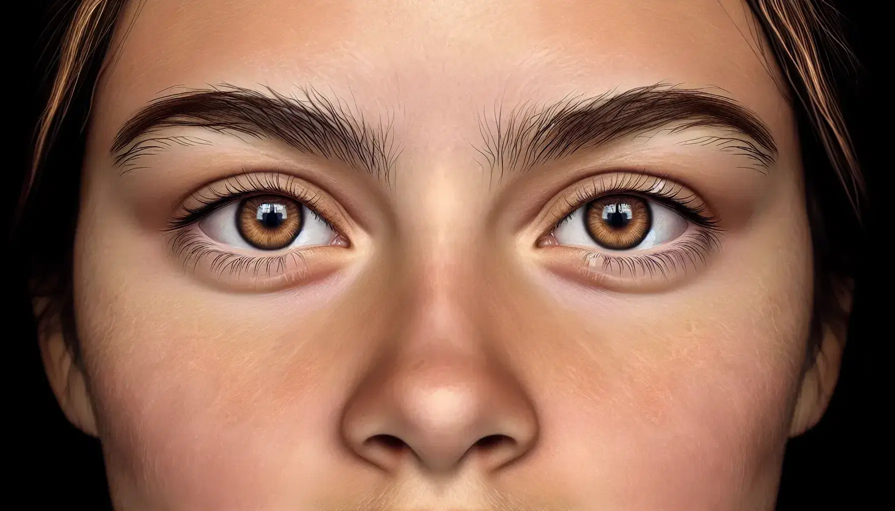 Primer plano de rostro enfocando ojo marrón y nariz redondeada, piel lisa sin imperfecciones y cejas definidas, iluminación suave.