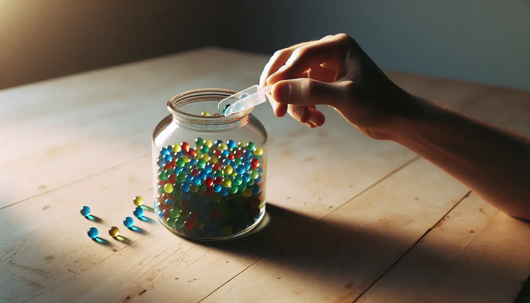 Close-up of a glass jar with red, blue, green and yellow colored marbles on a light wooden table, hand with transparent scoop.