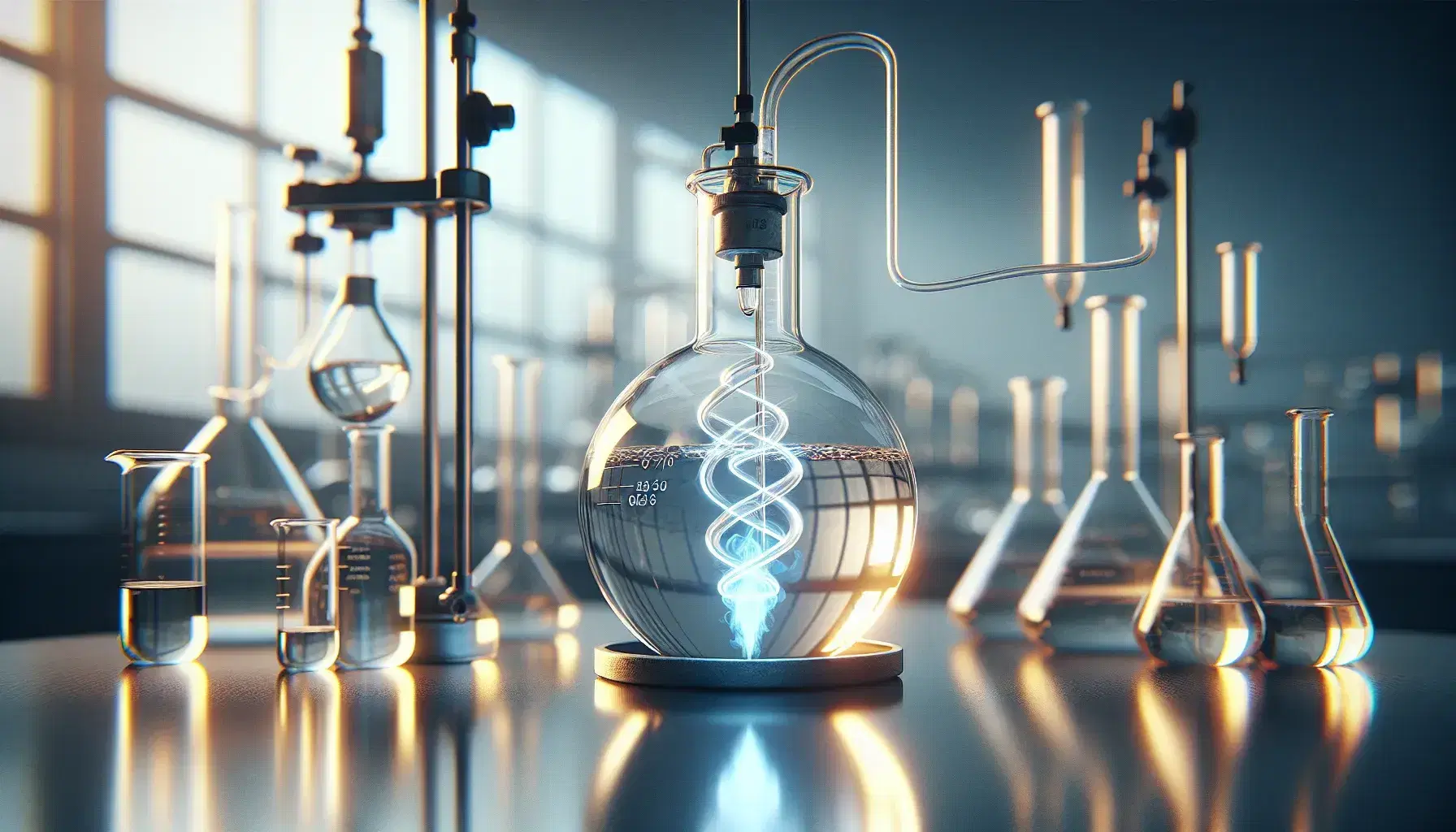 Round bottle on reflective surface with transparent liquid heated by Bunsen burner, connected to vertical condenser in blurred laboratory.