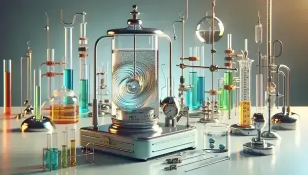Laboratorio científico de termodinámica con termómetro de mercurio, calorímetro metálico, cilindro con líquido y probetas con soluciones azul y amarilla.