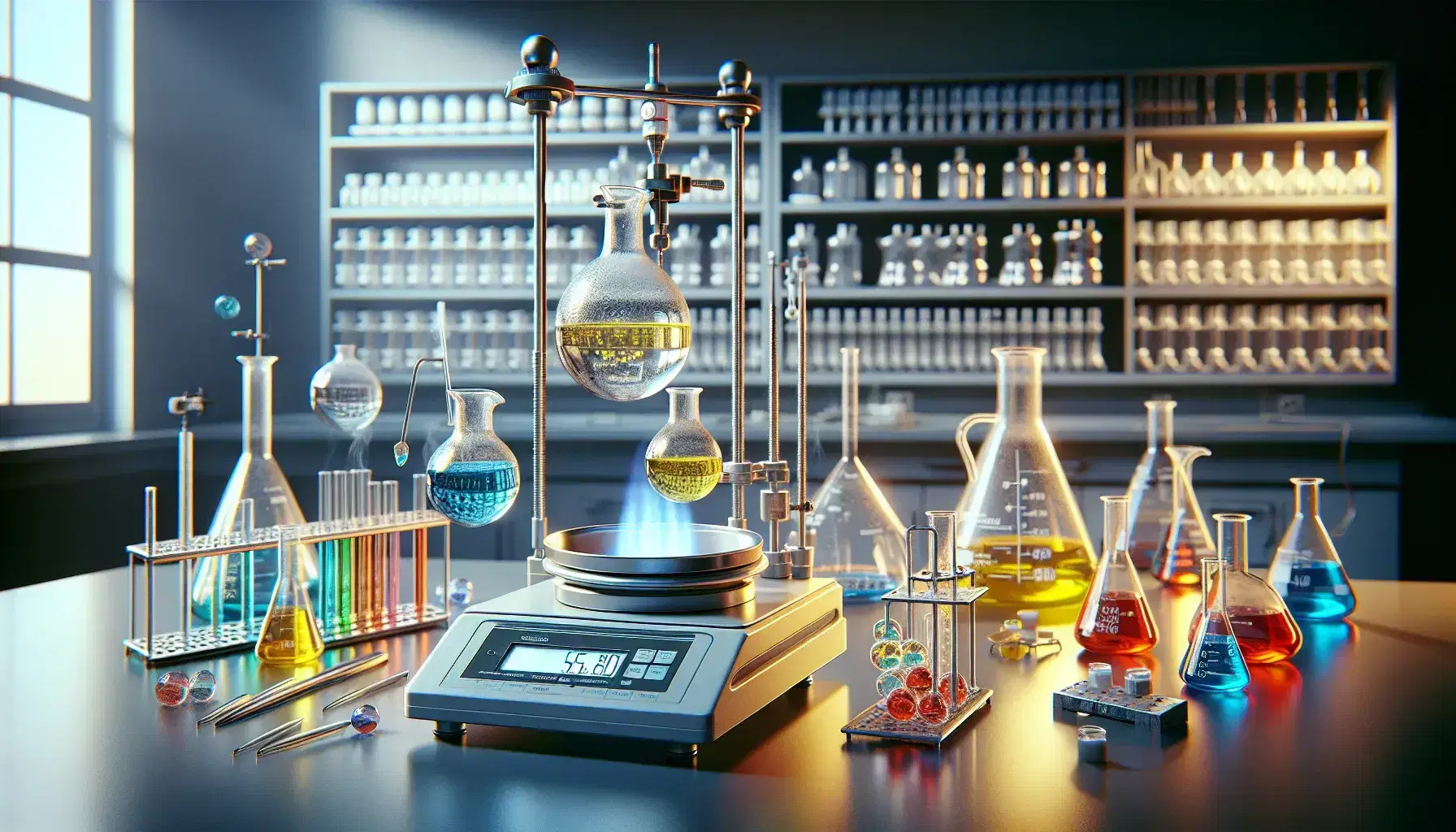 Laboratorio scientifico con becher di liquidi colorati, bilancia analitica, provette e attrezzature per esperimenti chimici.