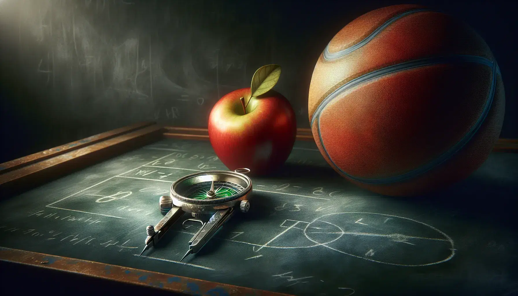 Mela rossa lucida, compasso metallico e pallone da basket arancione su lavagna verde scuro senza scritte.