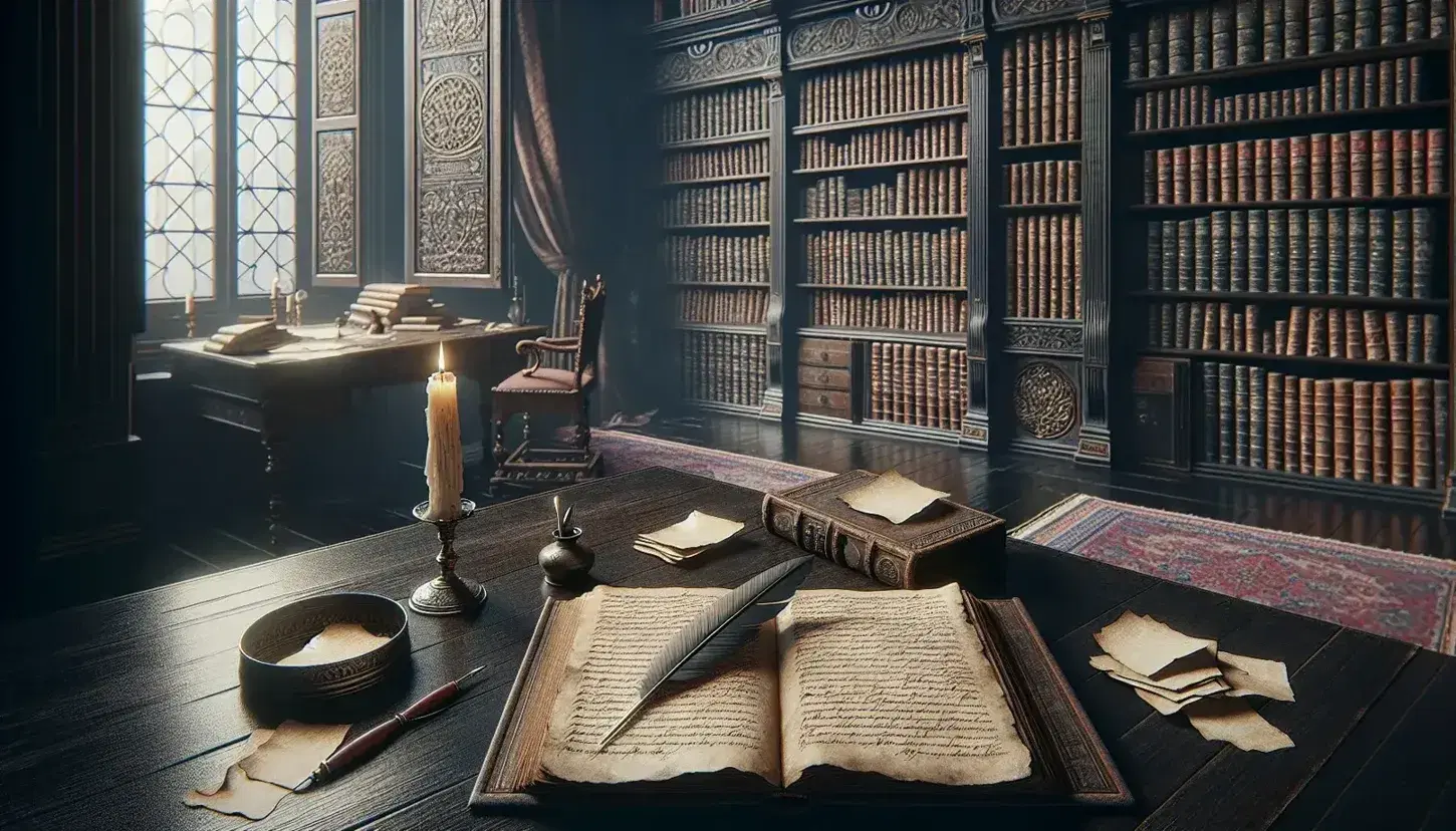 Scrivania in legno scuro stile settecentesco con penna d'oca, calamaio in bronzo e carta fatta a mano, in biblioteca antica illuminata da finestra.