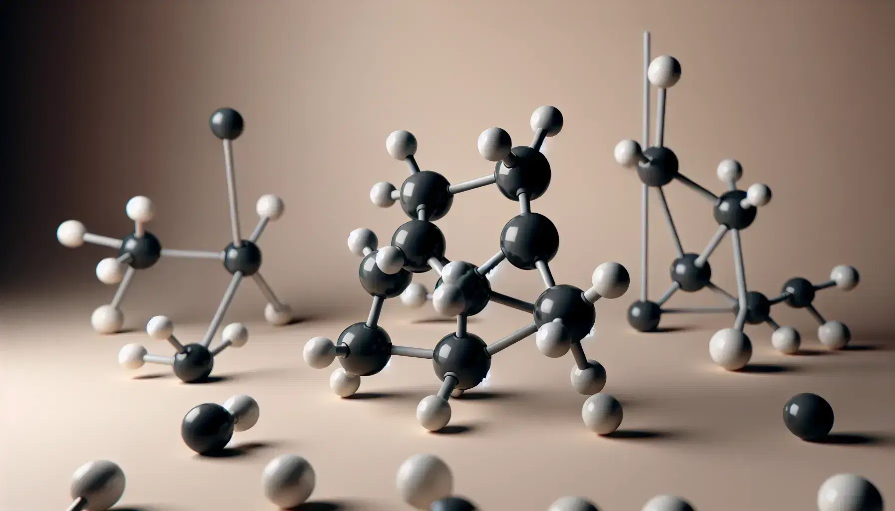 Molecular models of methane CH4 with tetrahedron of hydrogen atoms, ethene C2H4 with double bond and acetylene C2H2 with triple bond on neutral background.
