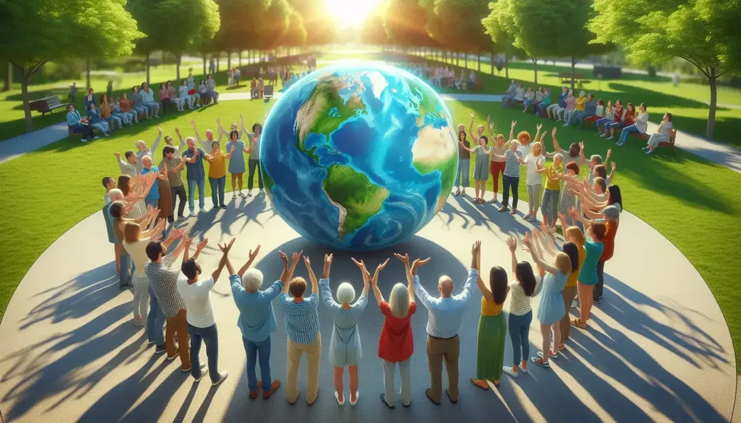 Grupo multicultural sosteniendo un globo terráqueo en un parque, simbolizando unidad y colaboración en un entorno natural y tranquilo.