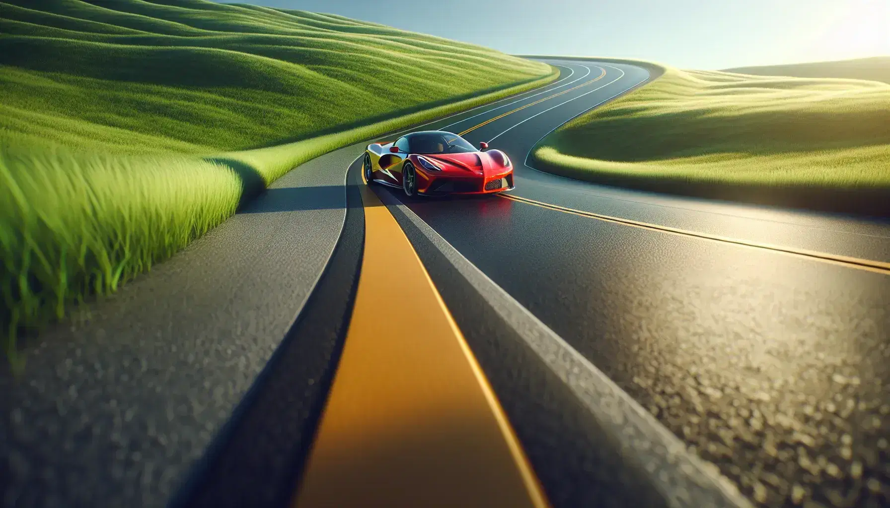 Red sports car driving on a smooth, curving asphalt road with a central yellow line, flanked by lush green grass and scattered trees under a clear blue sky.