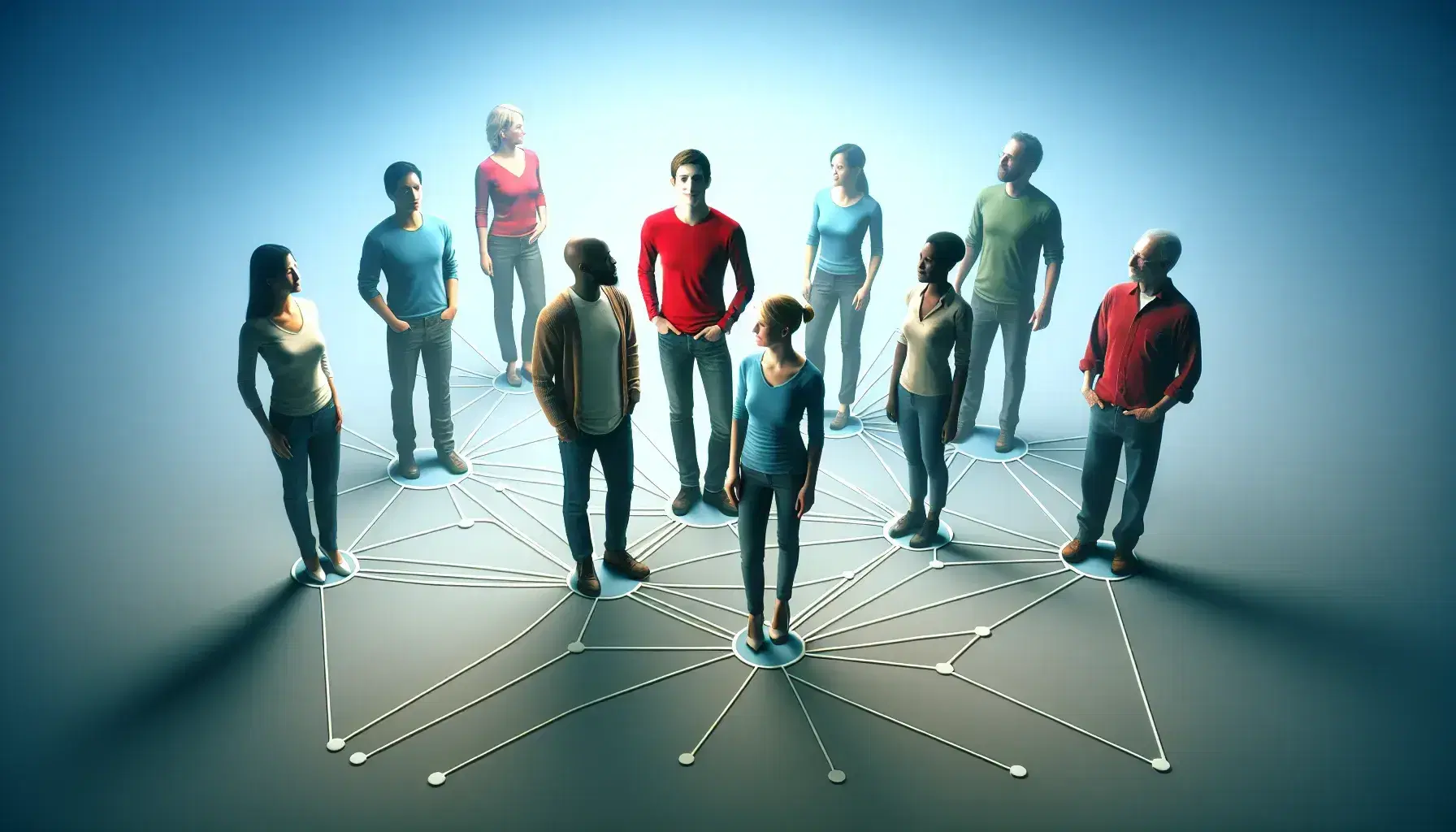 Diverse network of people with a central Hispanic man in red connected to a Caucasian woman, a Black man, and an Asian man against a soft blue to white gradient.