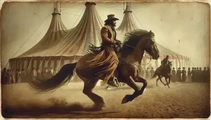 Vintage sepia-toned circus scene with a South Asian cowboy riding a chestnut horse, blurred performers, and a big top tent in the background.