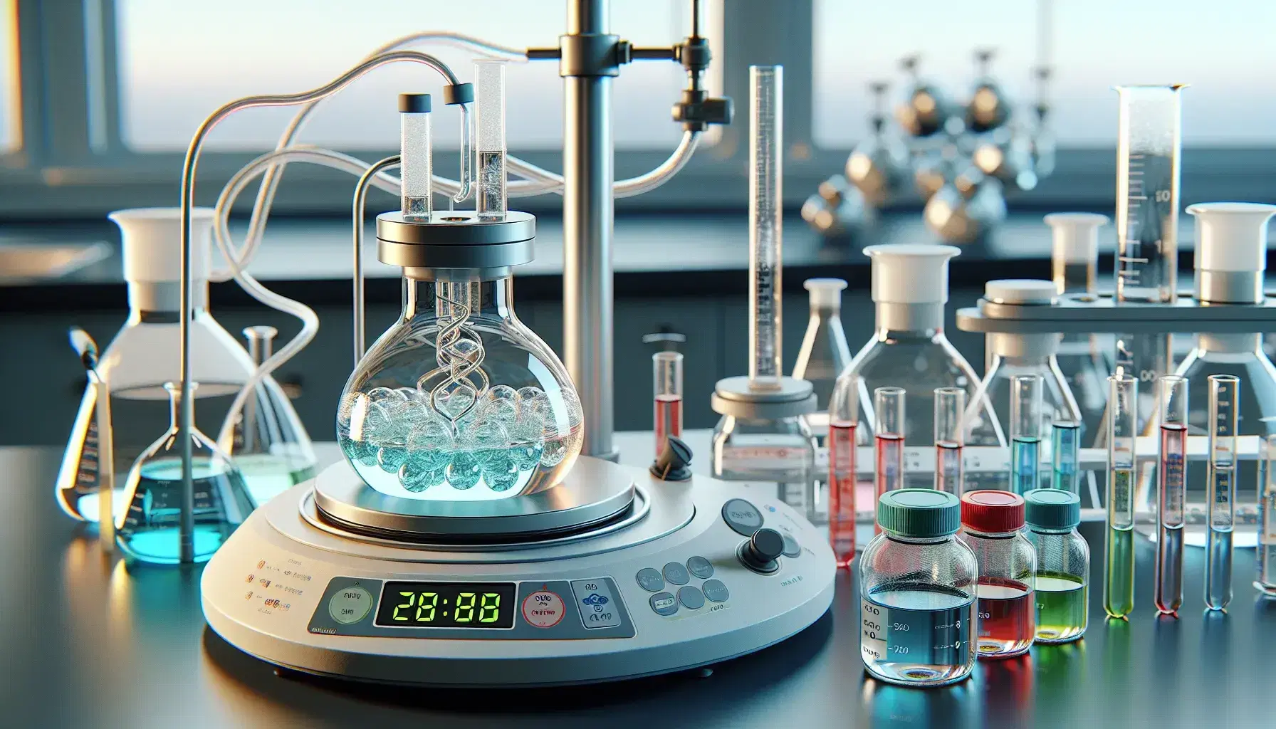 Modern laboratory with peptide synthesis equipment, stainless steel tweezers transferring a sample into an amber glass bottle.