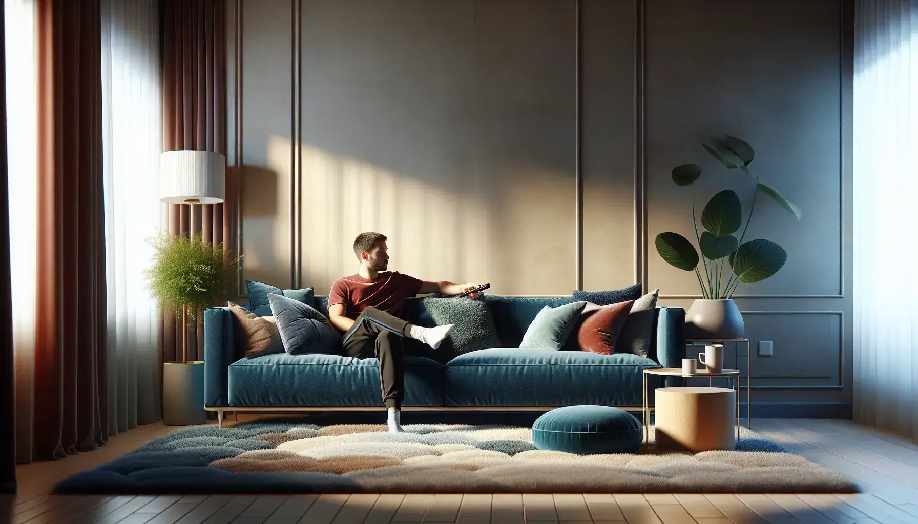 Cozy interior with dark blue sofa and pillows, person relaxing watching TV, coffee table with green plant and cup, no windows.