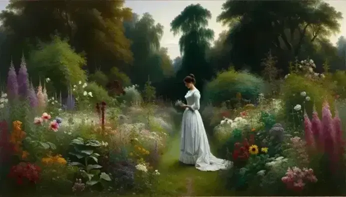 Victorian woman in white dress holding wildflowers in a vibrant garden with colorful blooms and soft-focus greenery under a clear blue sky.