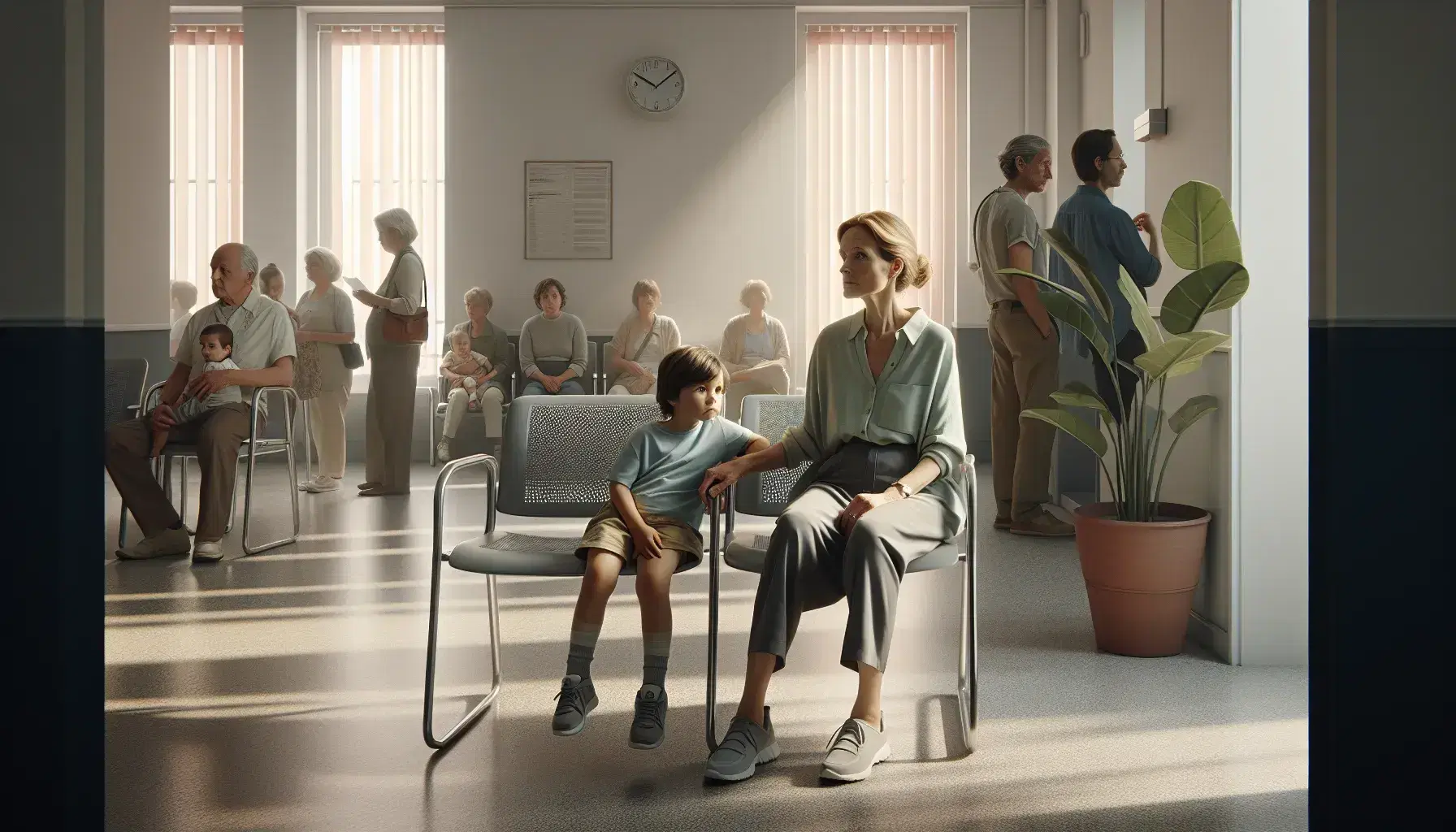 Grupo de personas diversas en sala de espera de centro de salud, con mujer sentada sosteniendo niño y hombre de pie junto a ella, ambiente iluminado y planta verde.