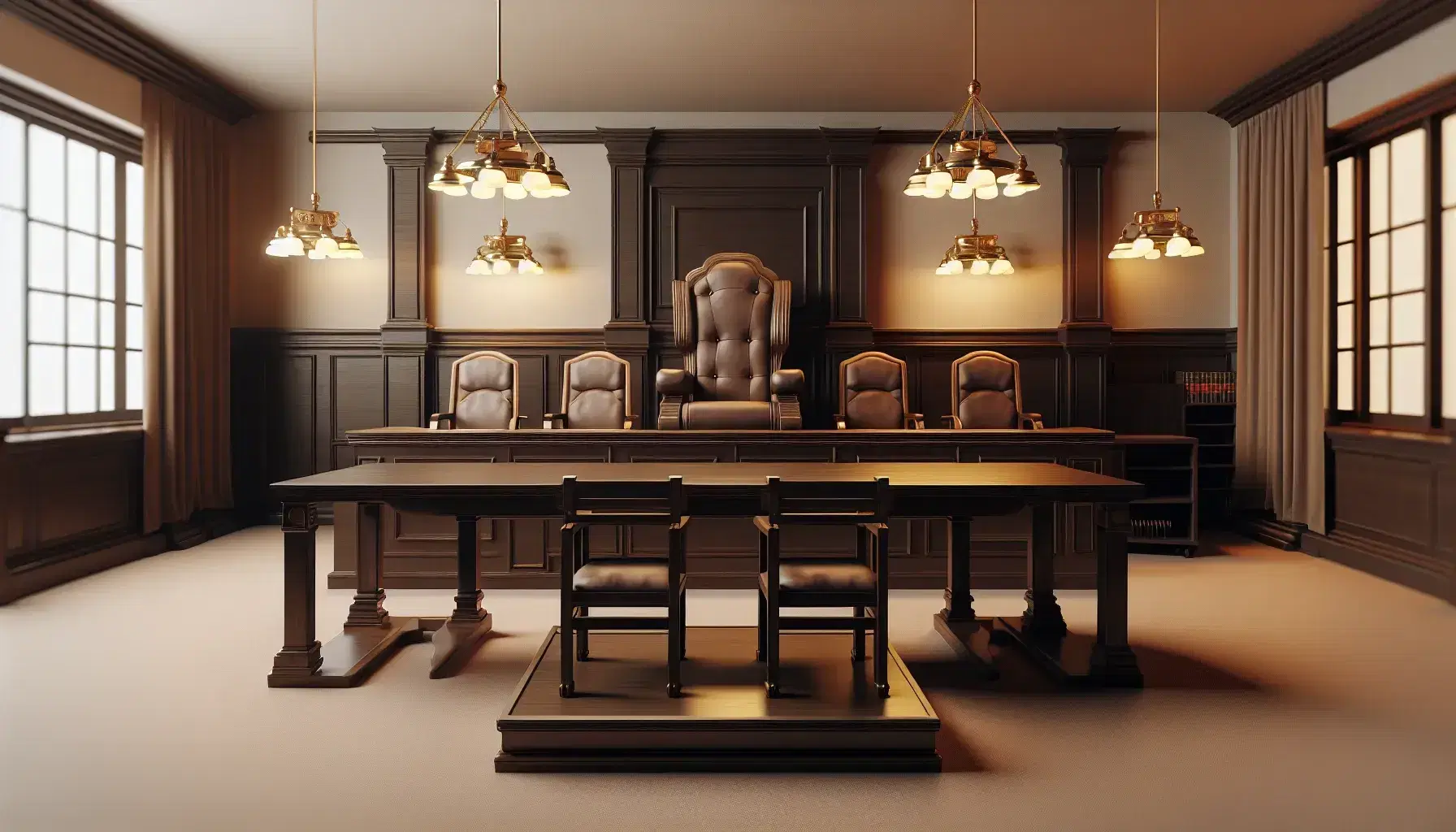 Sala de tribunal vacía con mesa de madera central, sillas altas, estrado de juez con tela verde, podio y bancos laterales, iluminación suave y decoración en tonos beige y madera.