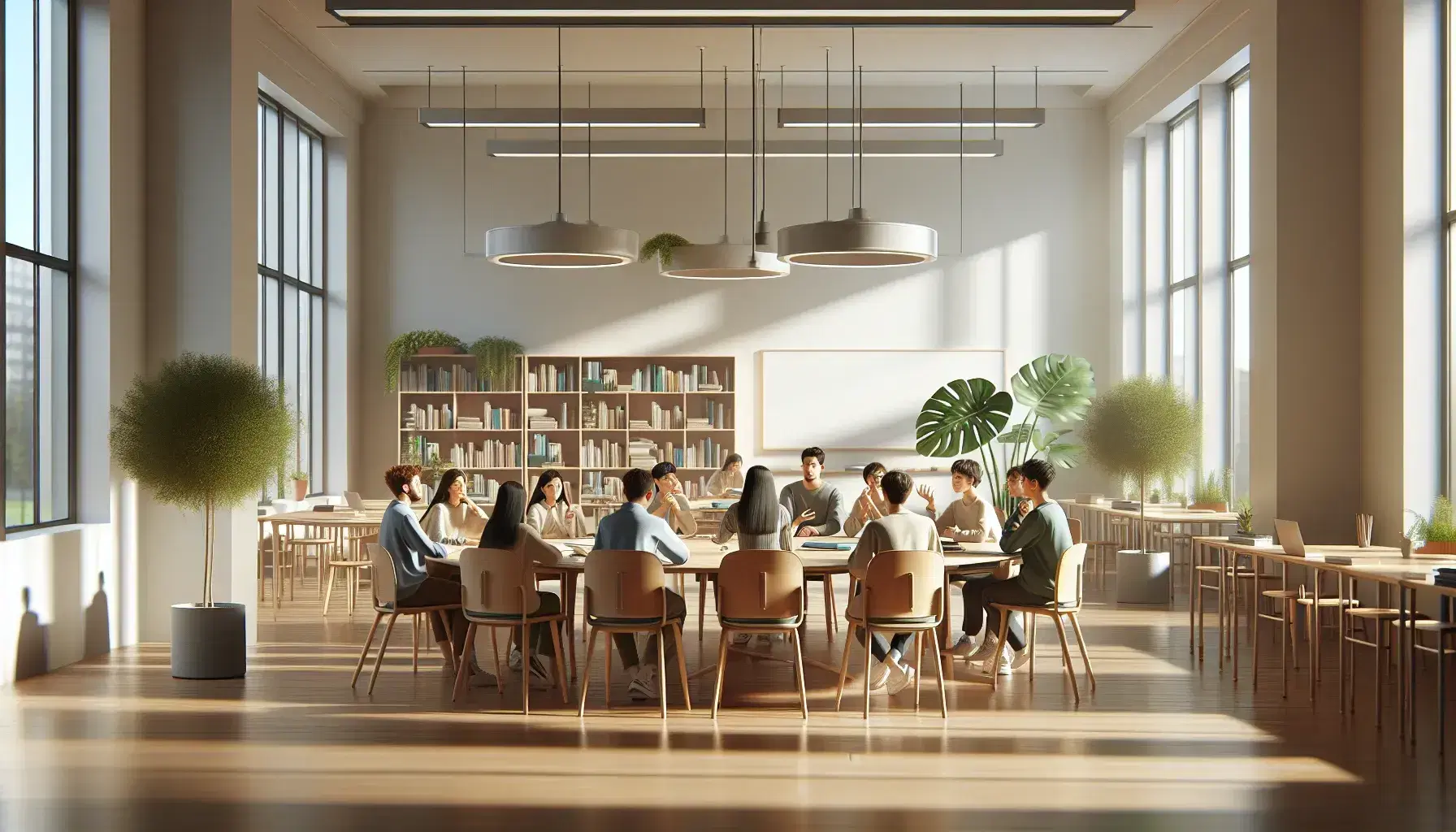 Aula espaciosa y luminosa con estudiantes alrededor de una mesa redonda, discutiendo activamente, rodeados de ventanas grandes, pizarra blanca y estantes con libros.